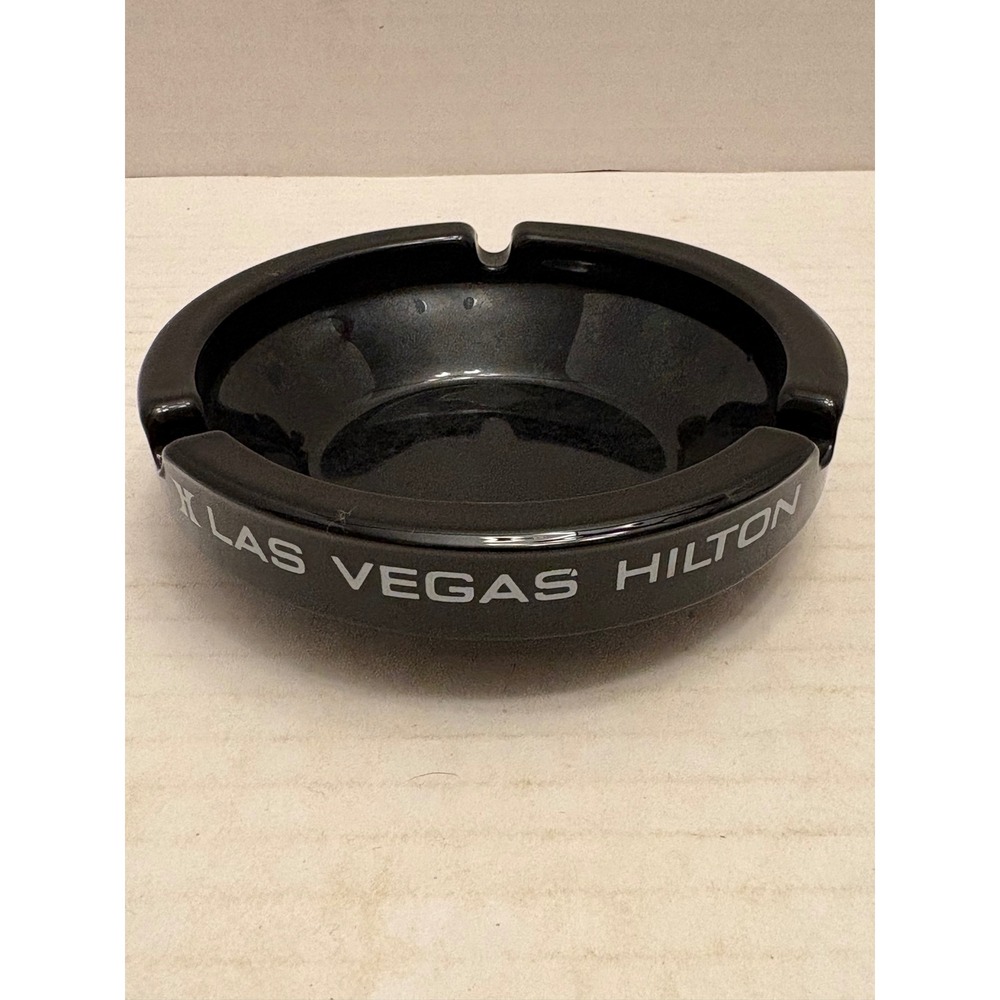 Vintage Las Vegas Hilton Black Glass Ashtray Casino Souvenir 4.5 Inch Round